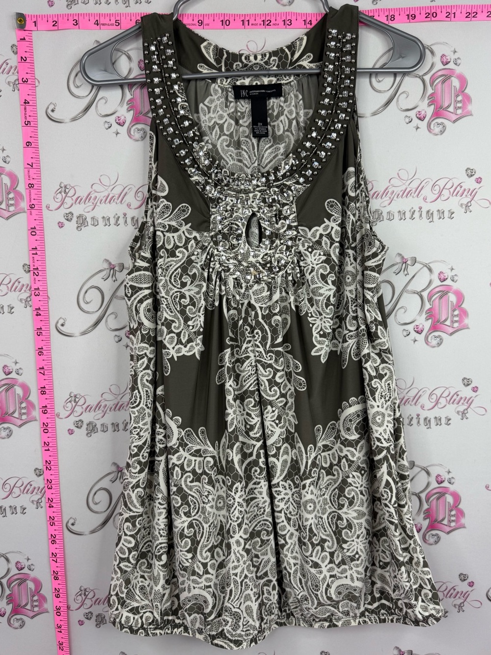INC rhinestone Embellished Olive Green & Cream Lace Print Sleeveless Dress